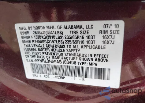 2010 Honda Odyssey Ex from USA, damaged, VIN 5FNRL3H59AB103405